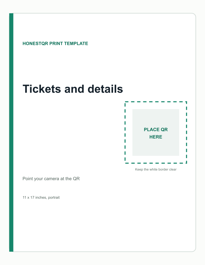 Event poster printable layout with a clearly marked QR placement area